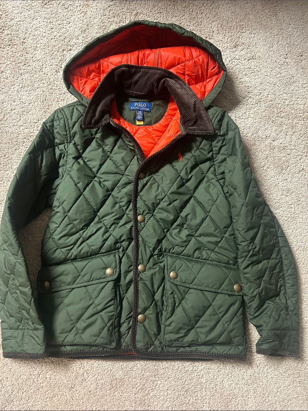 Polo by Ralph Lauren Quilted Hooded Puffer Jacket in Green with Orange Lining